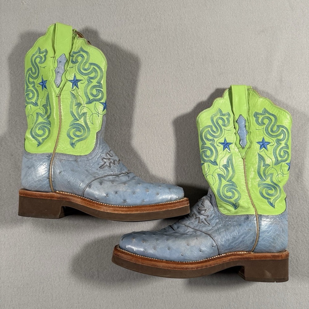 Women's Lucchese 2000 Ostrich Leather Cowboy Boots Blue Green Western USA 7.5C